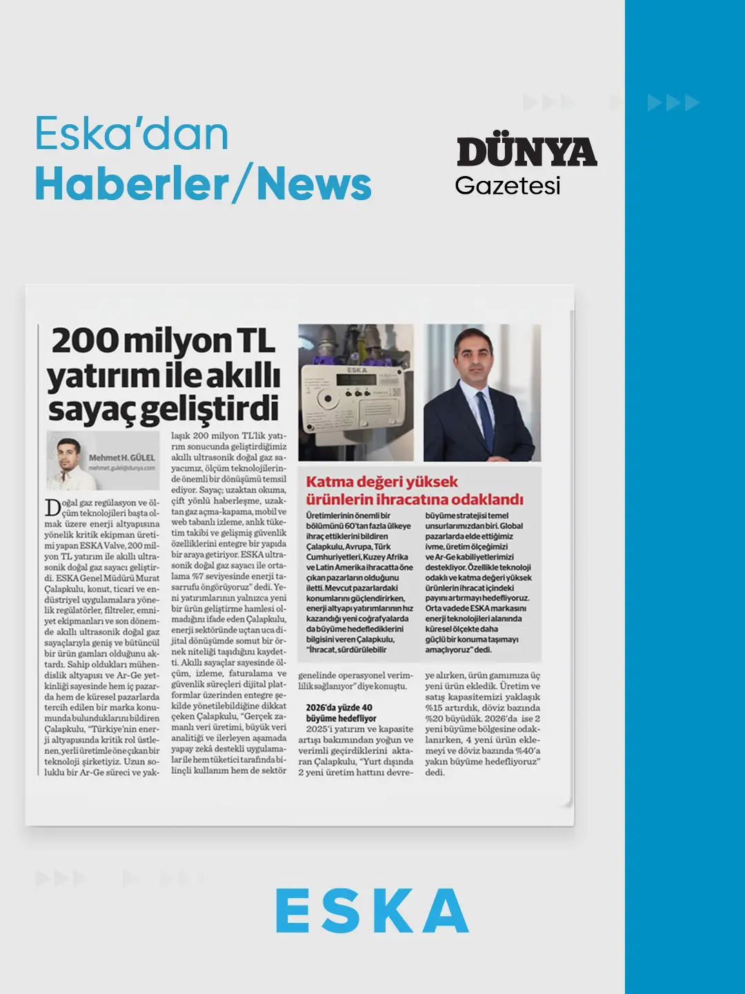 Eska Valve Haber: Eska Valve 200 milyon TL yatırım ile akıllı sayaç geliştirdi